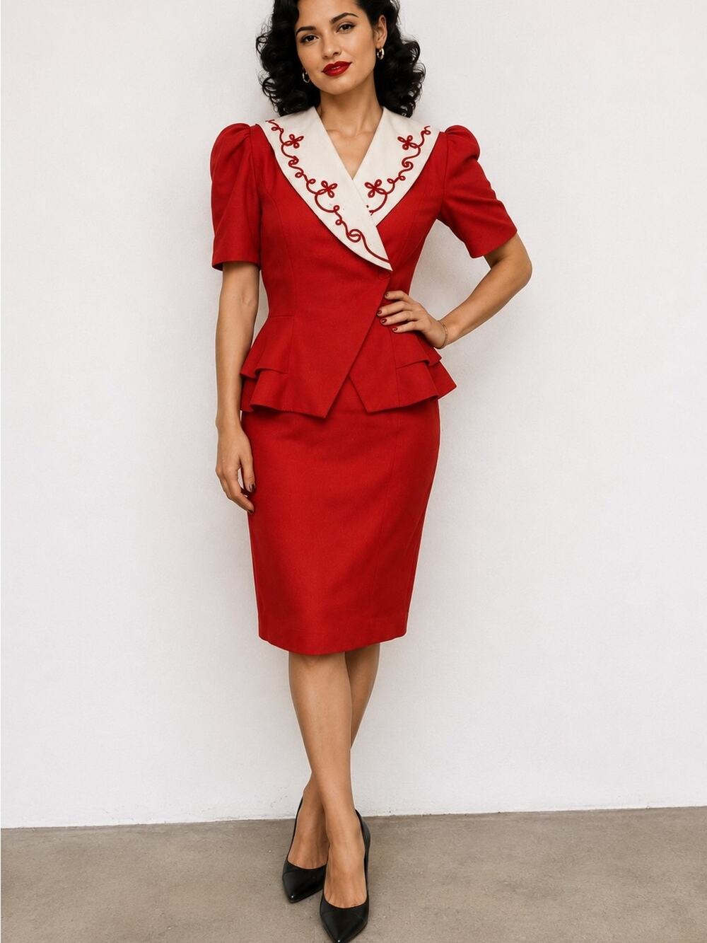 Vintage 80s Secretary Chic Red Peplum Slirt Suit Size M Western Embroidery Pinup
